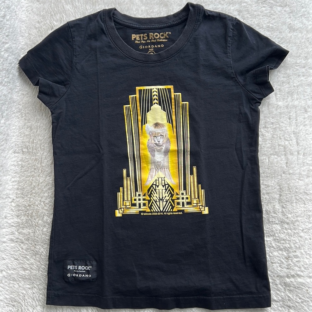 Giordano Womens T-Shirt PETS ROCK Small Black Cat